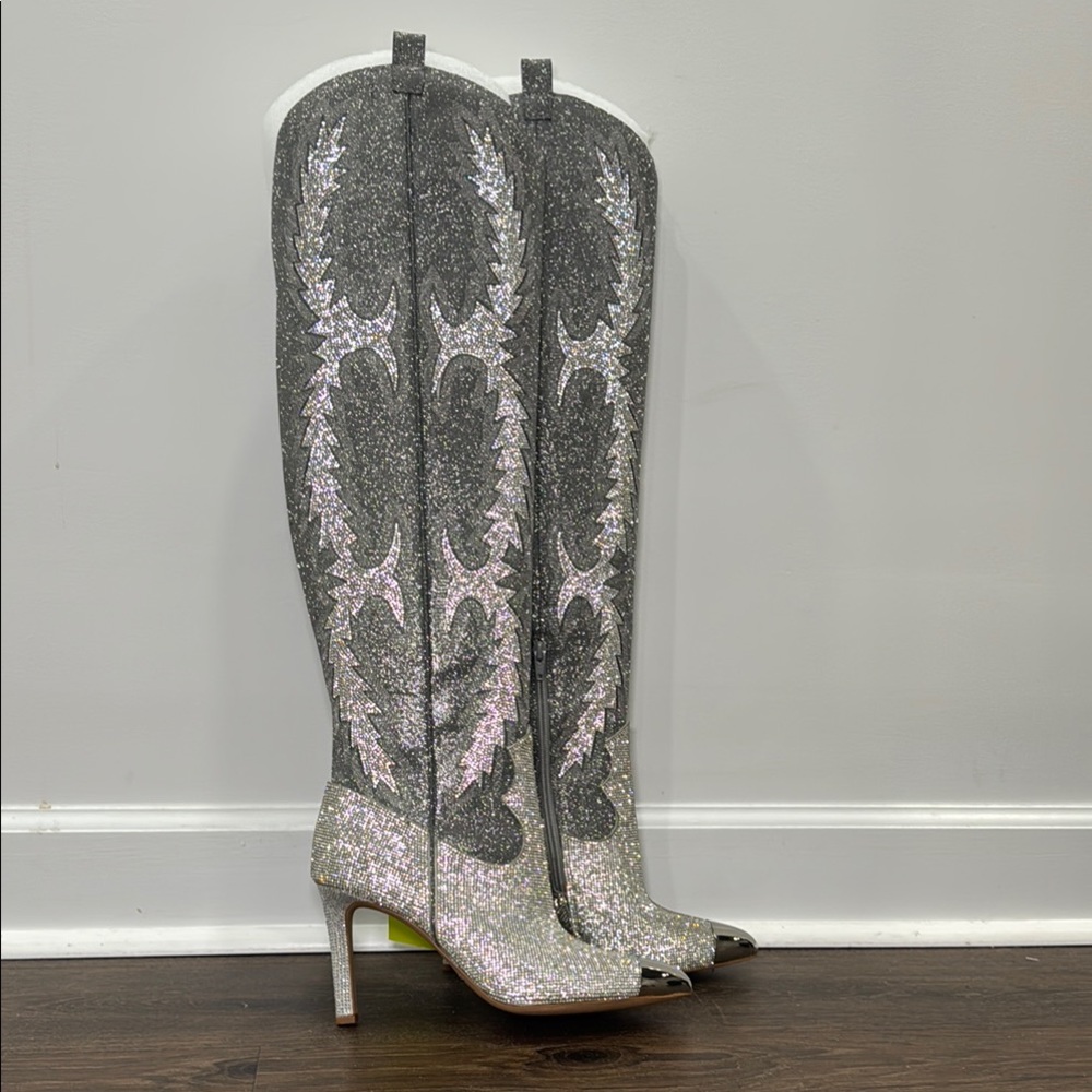 Rhinestone Cowgirl! NWT Gianni Bini Silver Glitter Over-the-Knee Stiletto Boots